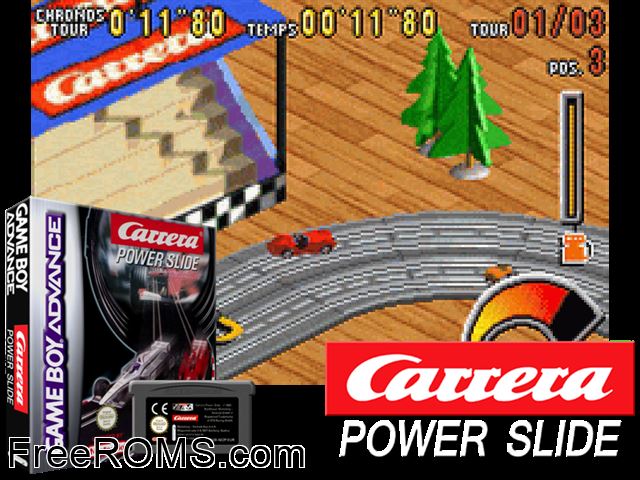 Carrera Power Slide Gameboy Advance game showing 3D box cover and gameplay screenshot
